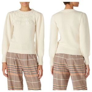 LOUNA Embroidered Puff Sleeve Sweater Floral Chunky Knit in Ivory Size S